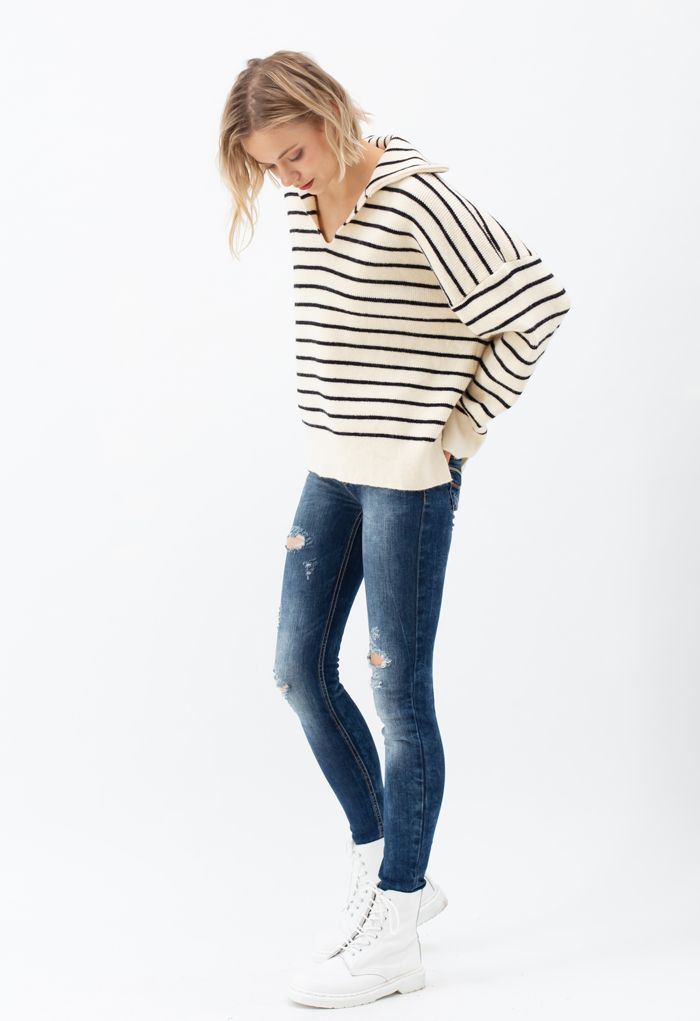 V-Neck Flap Collar Hi-Lo Sweater in Stripe - Retro, Indie and Unique ...