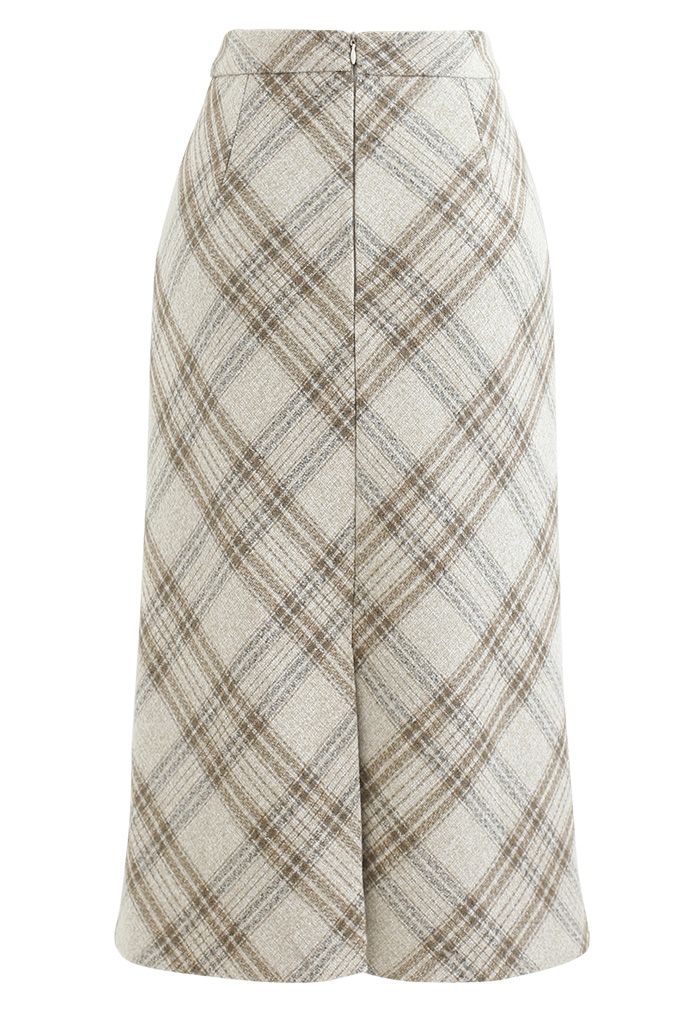 Check Print Wool-Blend Pencil Skirt in Sand - Retro, Indie and Unique ...