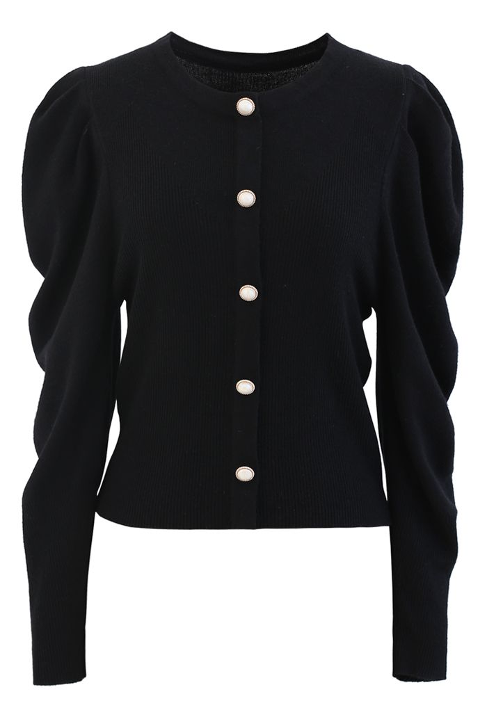 Button Ribbed Puff Sleeve Knit Top in Black - Retro, Indie and Unique ...