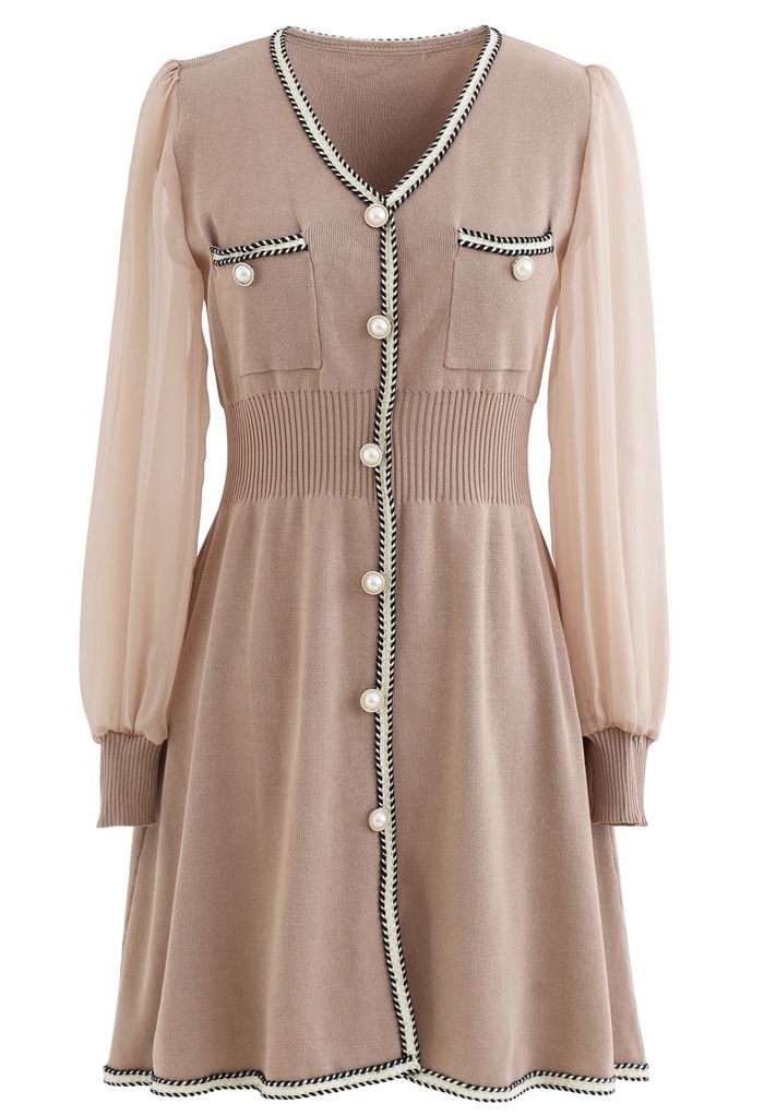 Sheer-Sleeve V-Neck Buttoned Knit Dress in Dusty Pink