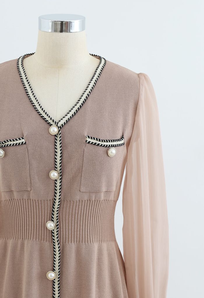 Sheer-Sleeve V-Neck Buttoned Knit Dress in Dusty Pink