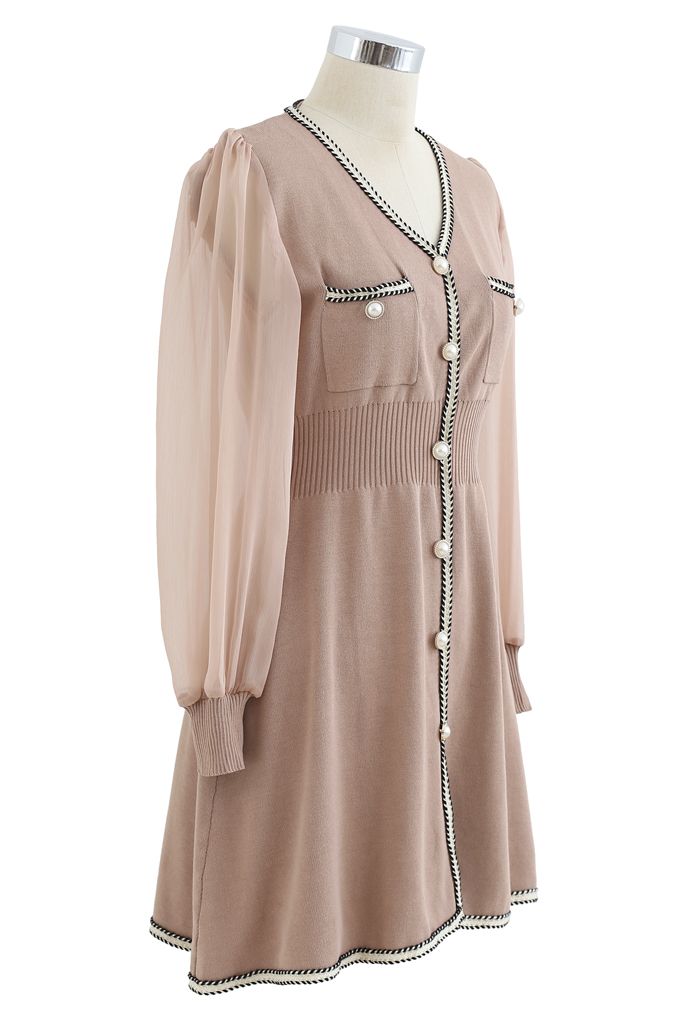 Sheer-Sleeve V-Neck Buttoned Knit Dress in Dusty Pink