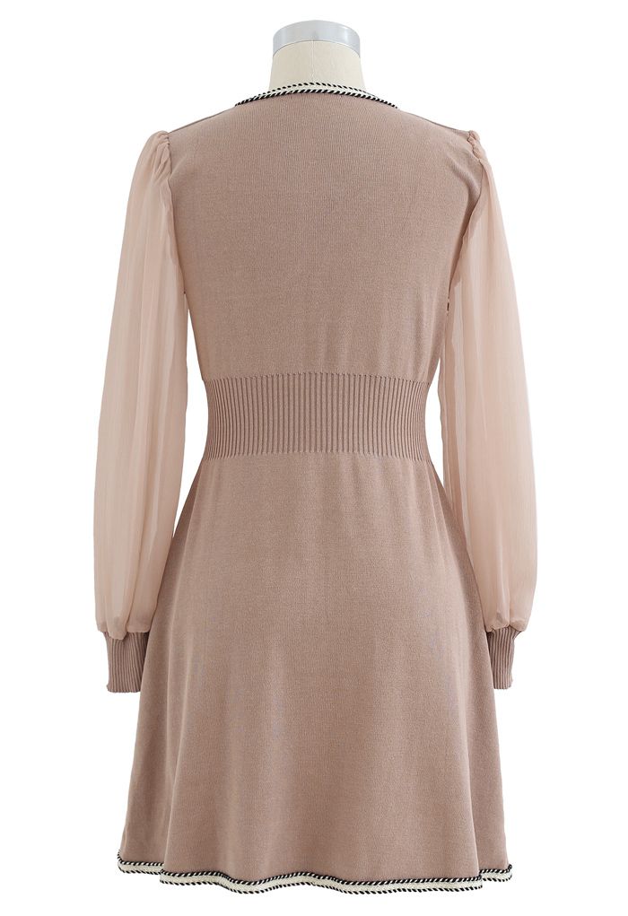 Sheer-Sleeve V-Neck Buttoned Knit Dress in Dusty Pink