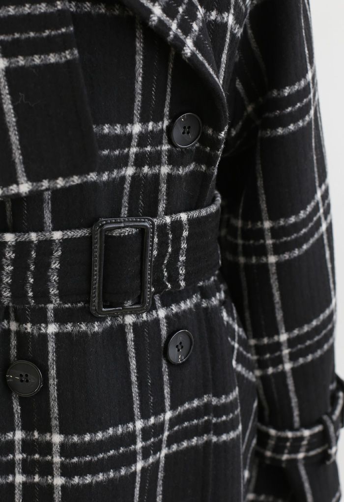 Black Check Belted Wool-Blend Longline Coat