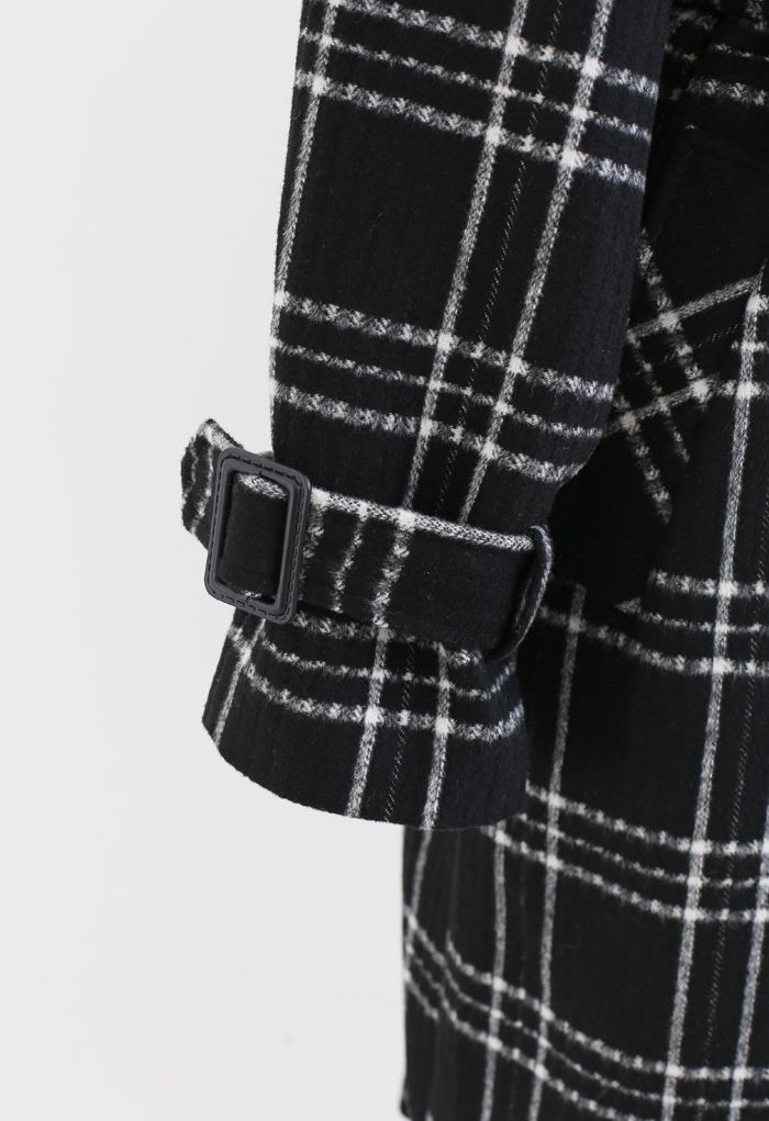 Black Check Belted Wool-Blend Longline Coat