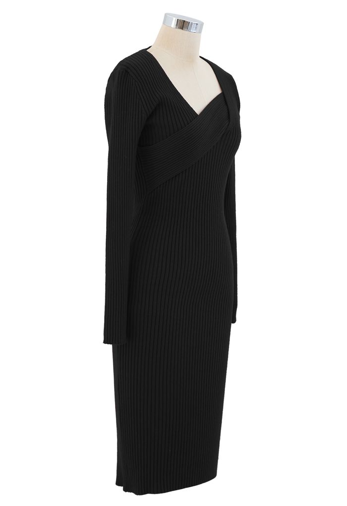 Surplice Wrap Front Ribbed Knit Dress in Black - Retro, Indie and ...