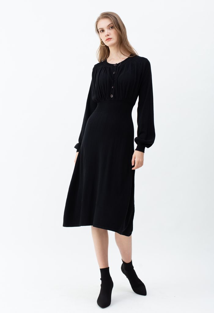 Ruched Buttoned Front Soft Knit Dress in Black - Retro, Indie and ...
