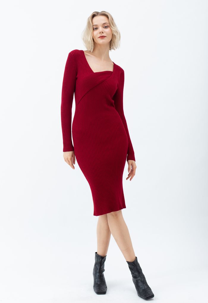 Surplice Wrap Front Ribbed Knit Dress in Red - Retro, Indie and Unique ...
