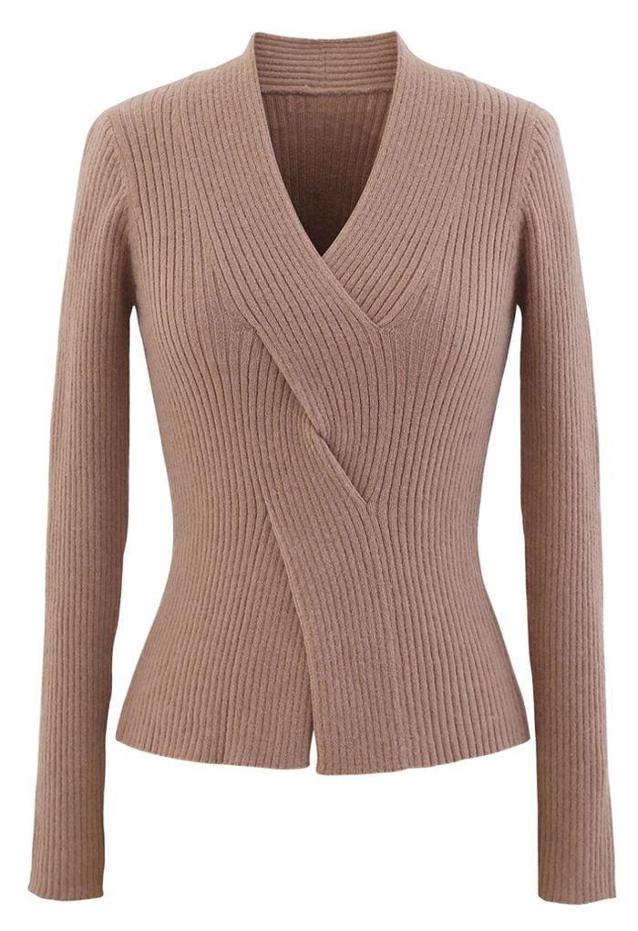 Cross Front Ribbed Knit Top in Dusty Pink