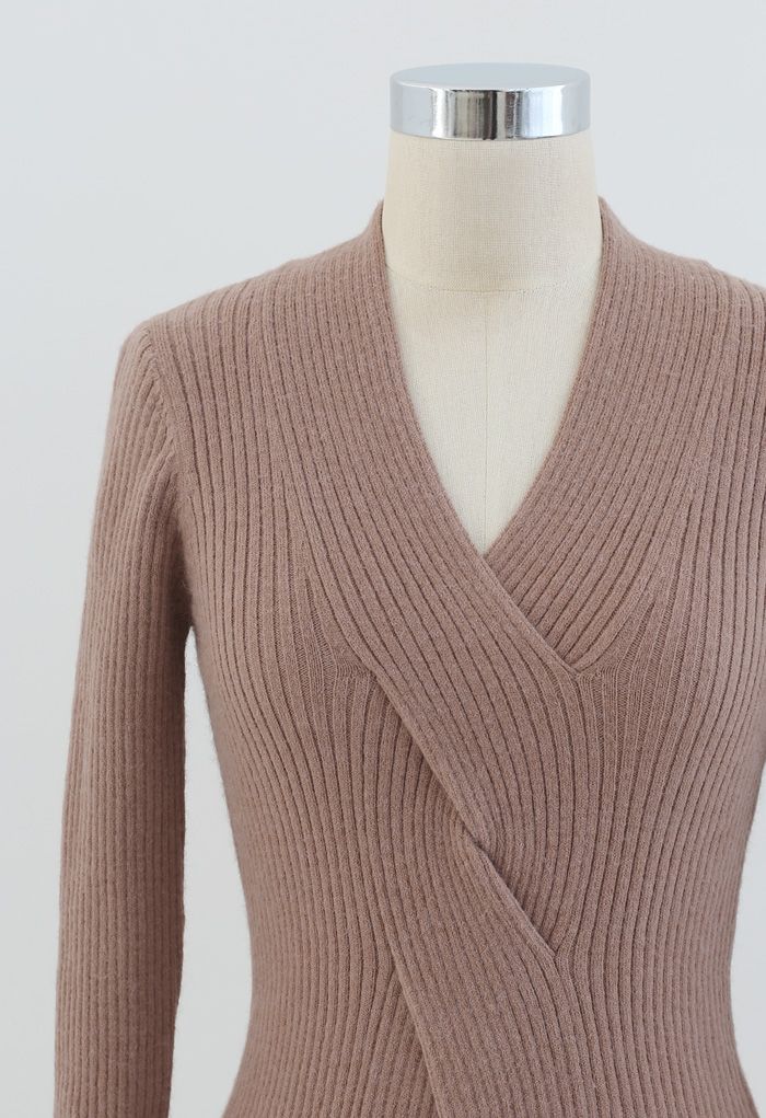 Cross Front Ribbed Knit Top in Dusty Pink