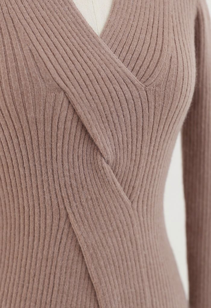 Cross Front Ribbed Knit Top in Dusty Pink