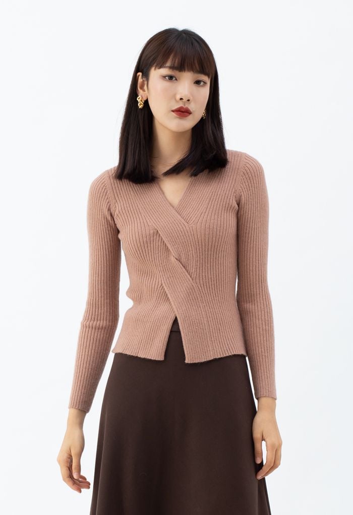 Cross Front Ribbed Knit Top in Dusty Pink