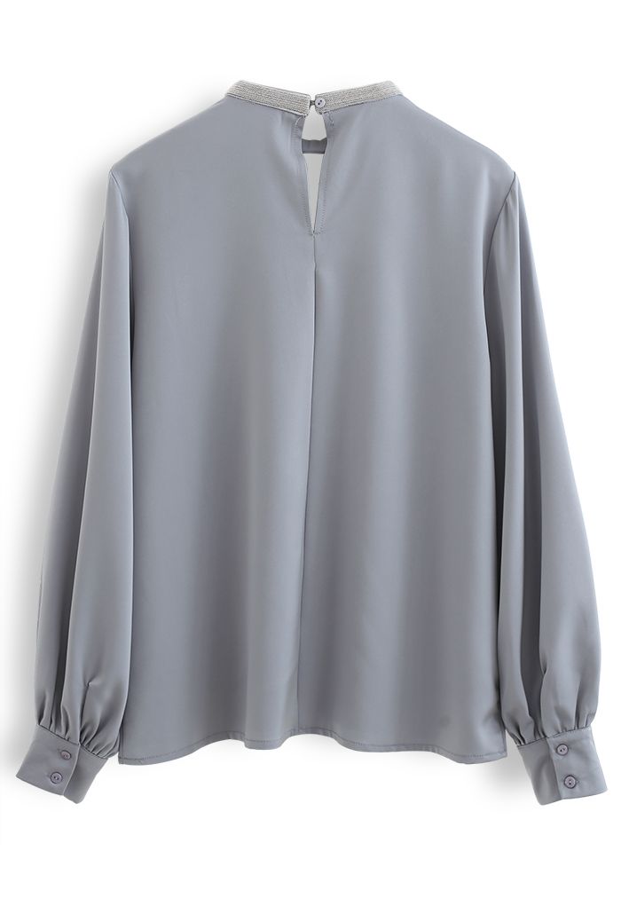 Glittery Cutout Neck Satin Top in Dusty Blue