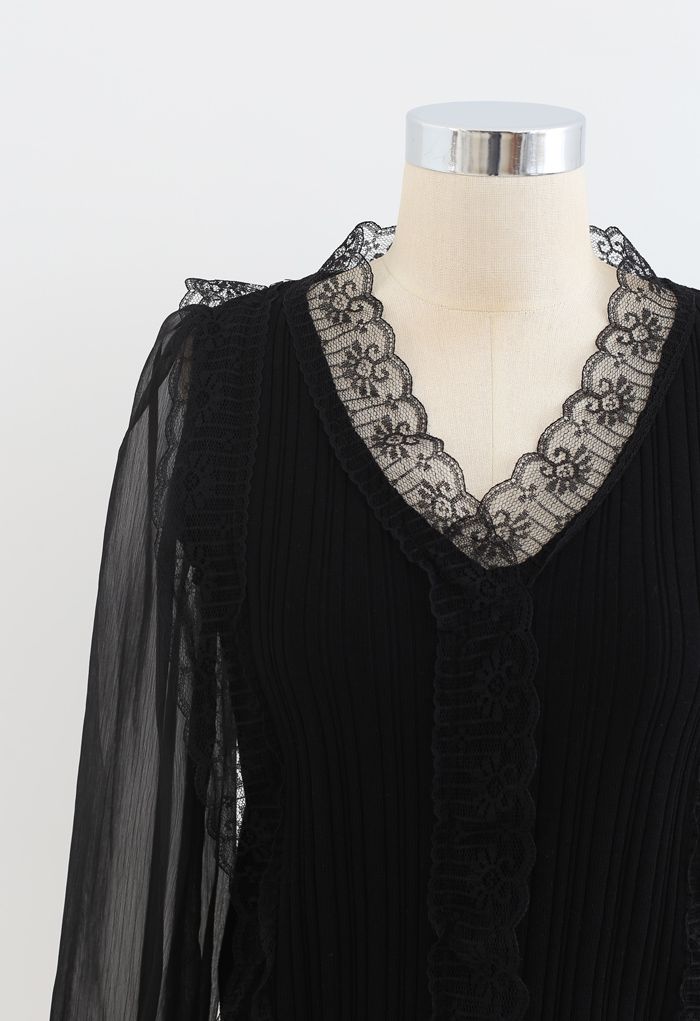 Lacy V-Neck Sheer-Sleeve Knit Top in Black - Retro, Indie and Unique ...