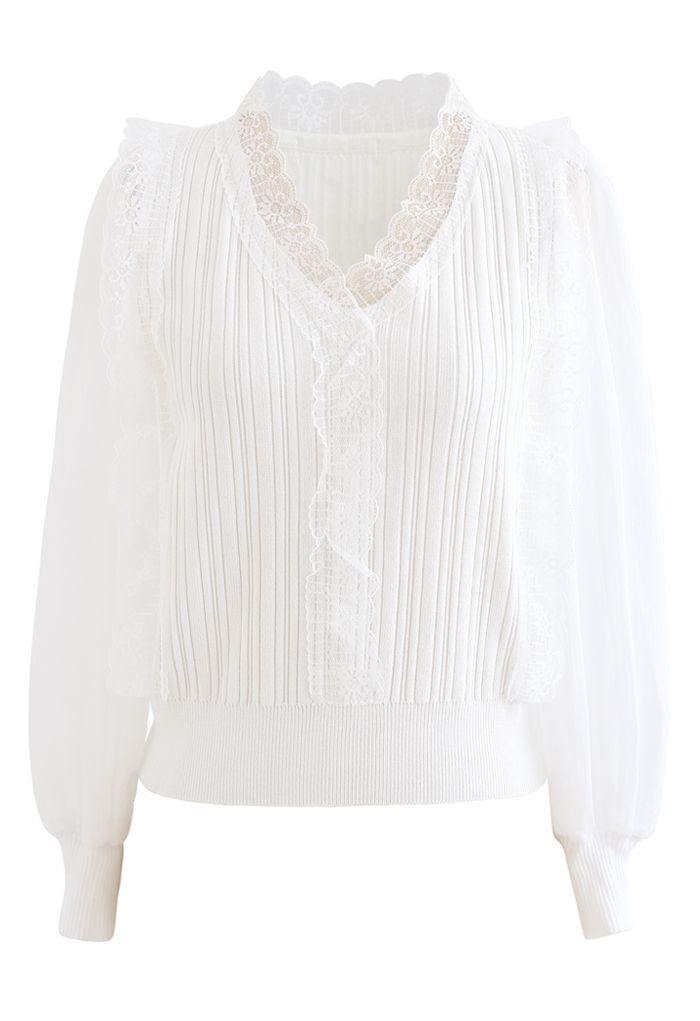 Lacy V-Neck Sheer-Sleeve Knit Top in White - Retro, Indie and Unique ...