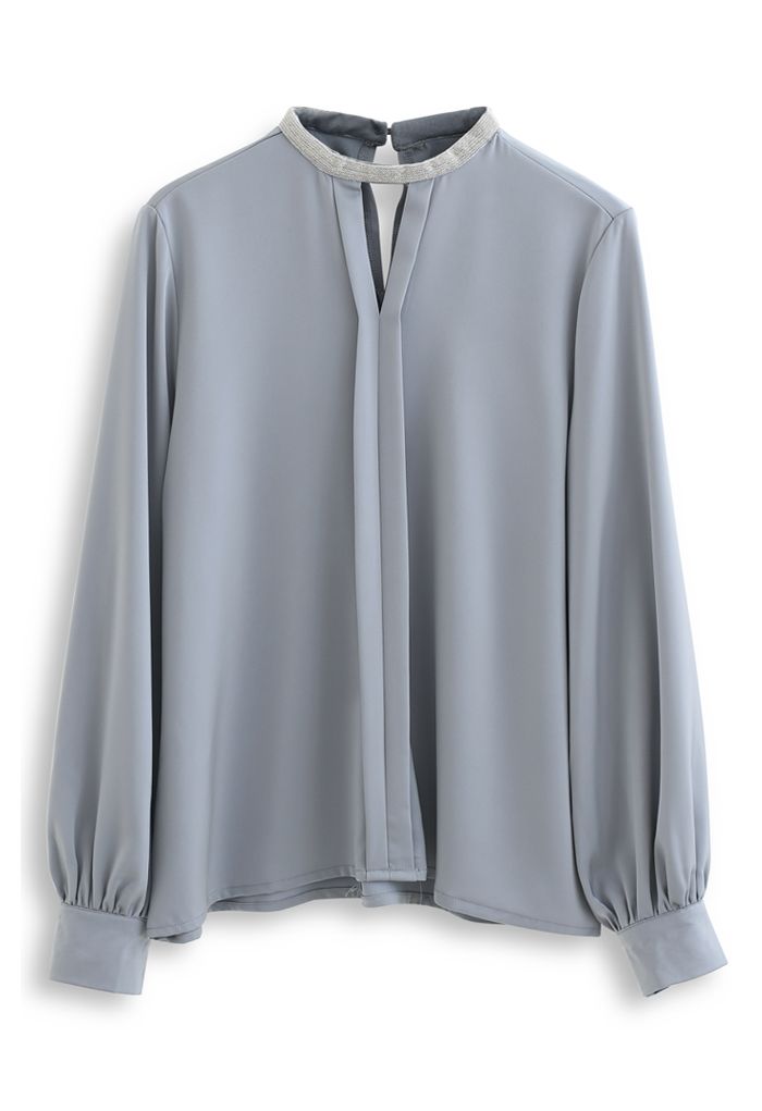 Glittery Cutout Neck Satin Top in Dusty Blue