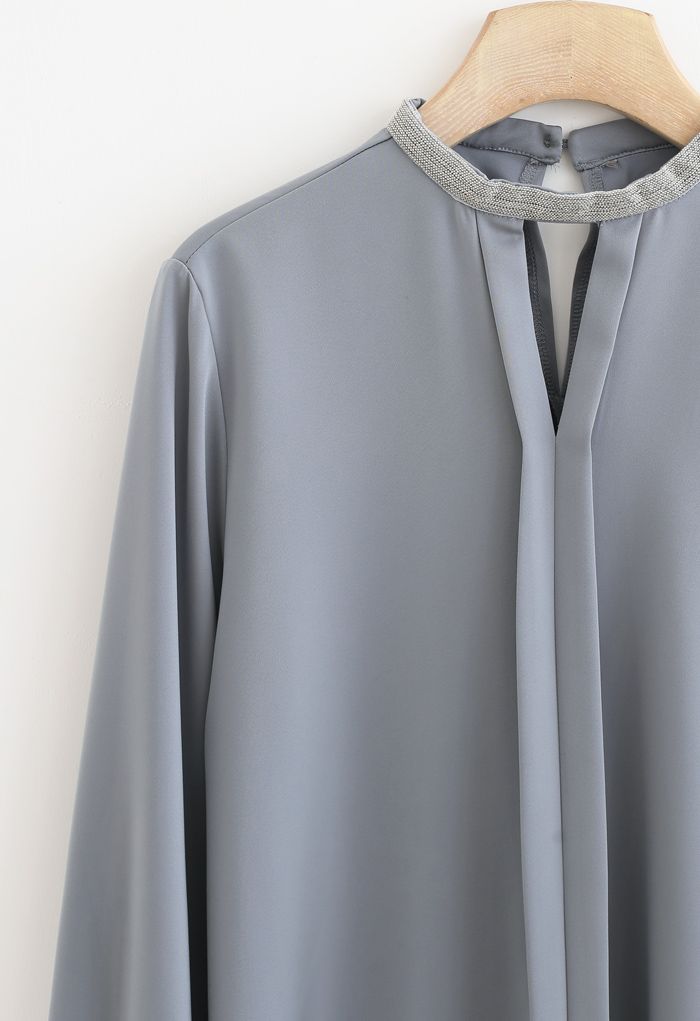 Glittery Cutout Neck Satin Top in Dusty Blue