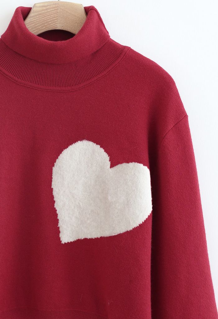 Embroidered Heart High Neck Knit Sweater in Red - Retro, Indie and