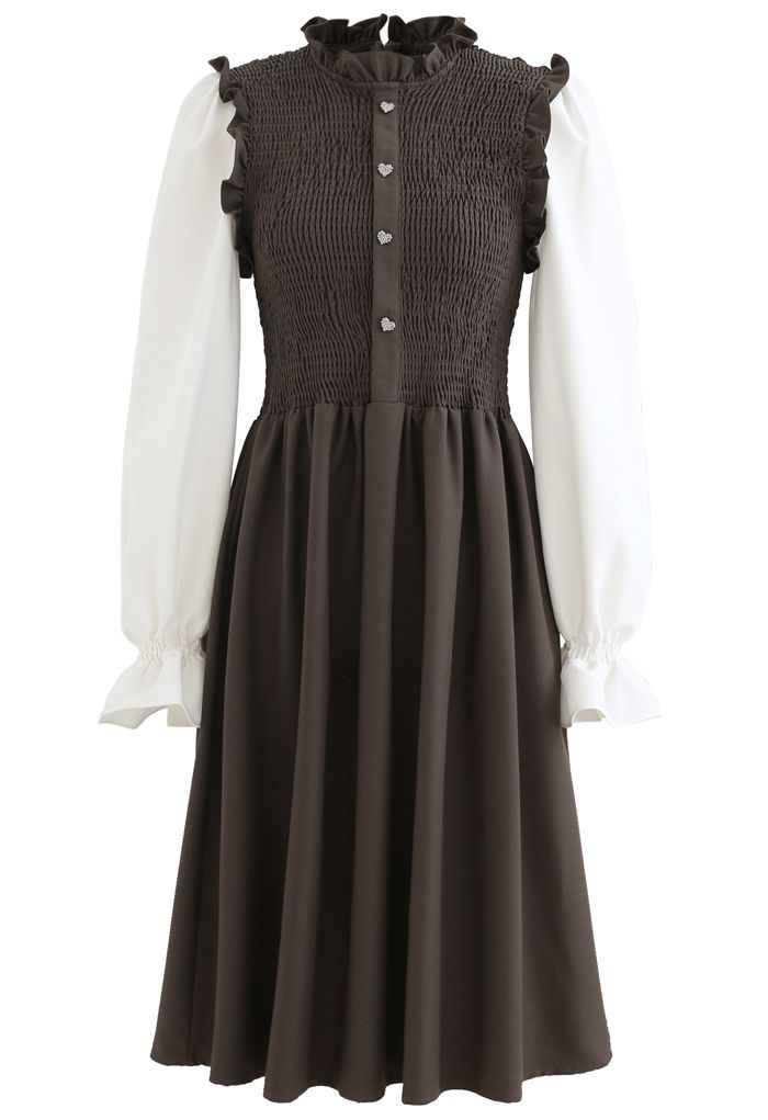 Shirred Spliced Sleeves Ruffle Dress in Brown