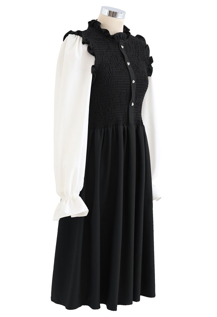 Shirred Spliced Sleeves Ruffle Dress in Black