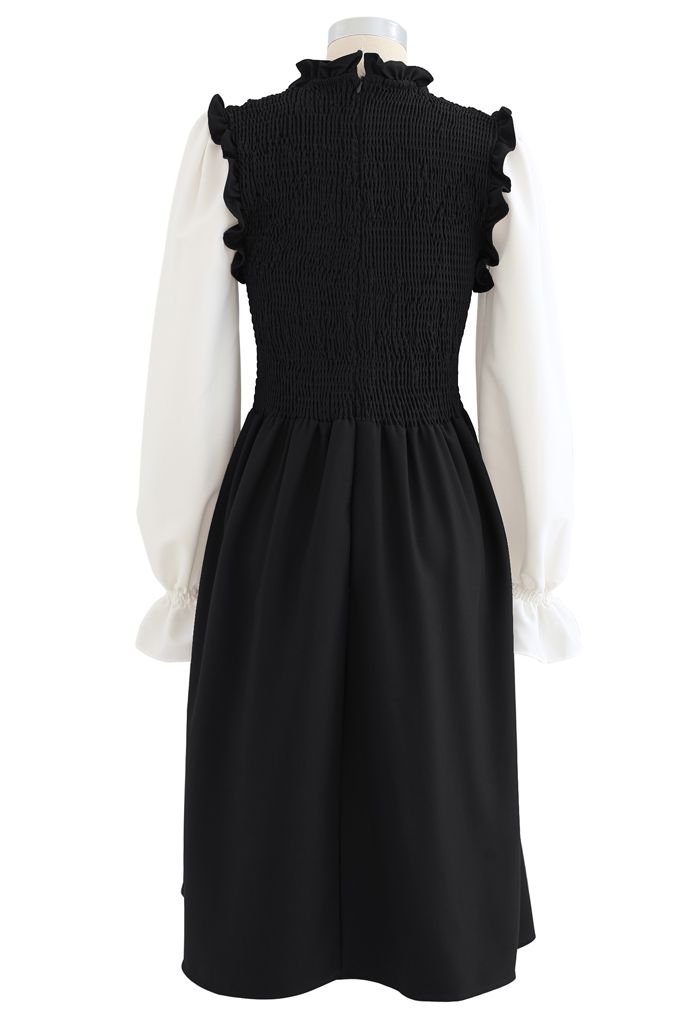 Shirred Spliced Sleeves Ruffle Dress in Black