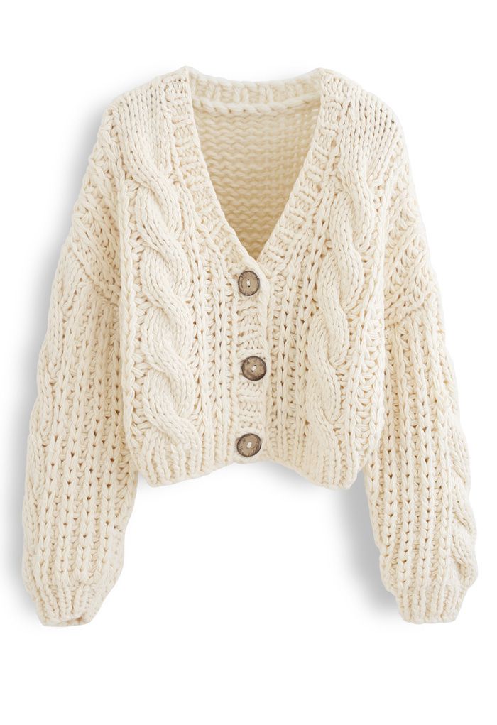 V-Neck Crop Hand-Knit Chunky Cardigan in Cream - Retro, Indie and ...