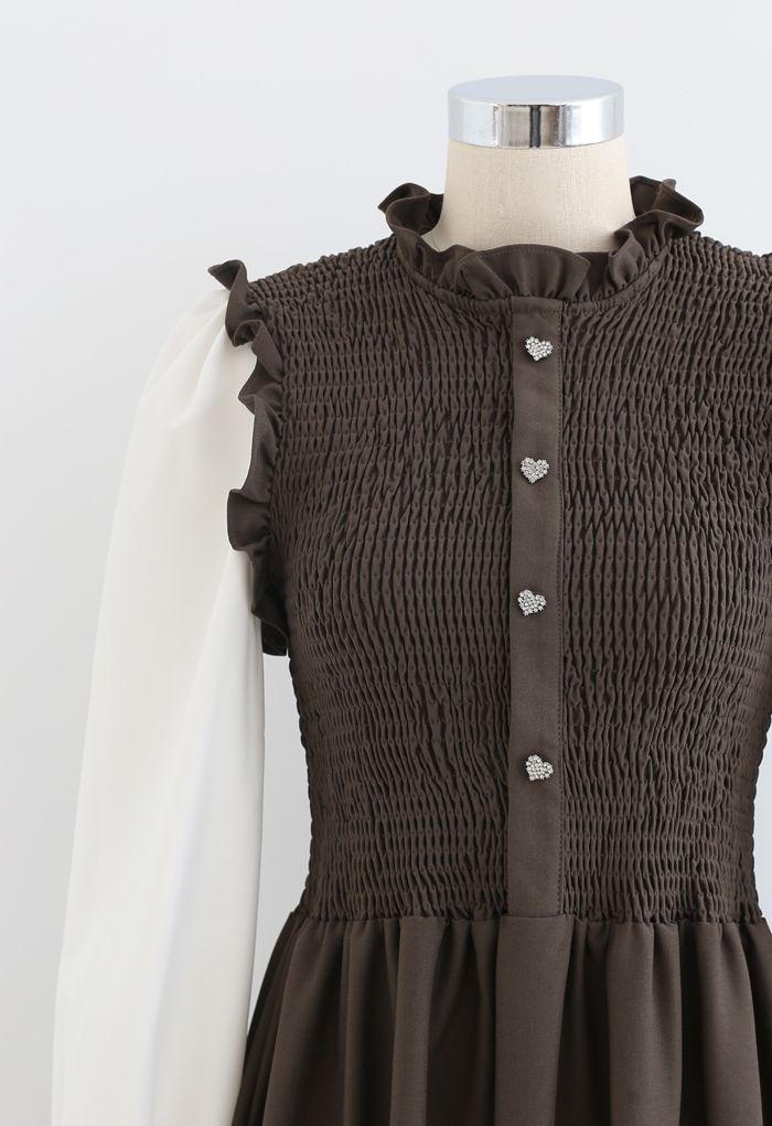 Shirred Spliced Sleeves Ruffle Dress in Brown