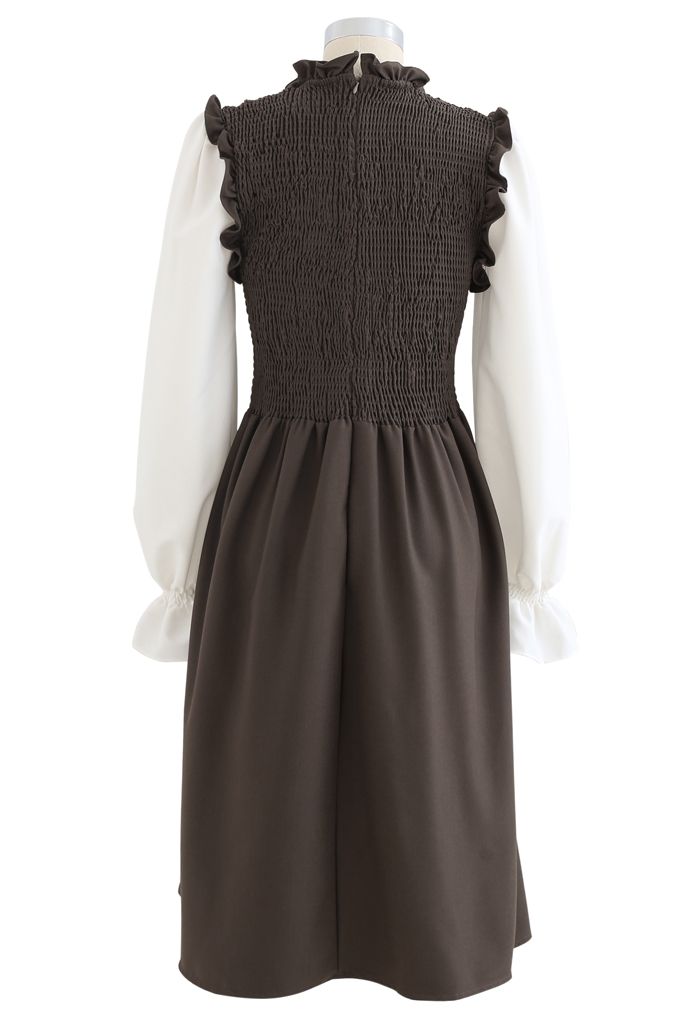 Shirred Spliced Sleeves Ruffle Dress in Brown