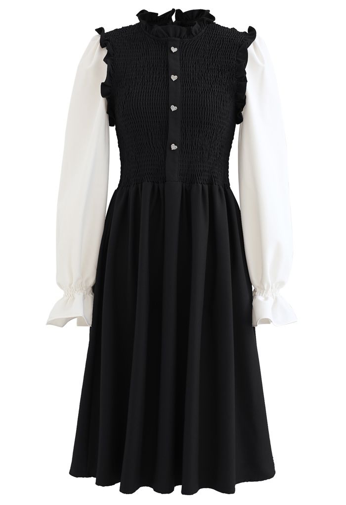 Shirred Spliced Sleeves Ruffle Dress in Black