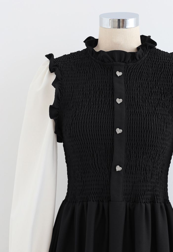 Shirred Spliced Sleeves Ruffle Dress in Black