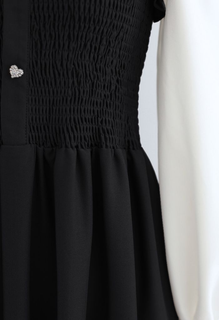 Shirred Spliced Sleeves Ruffle Dress in Black