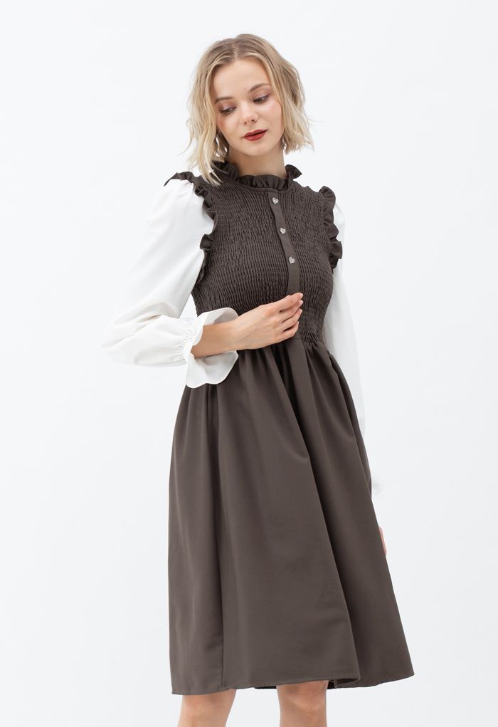 Shirred Spliced Sleeves Ruffle Dress in Brown