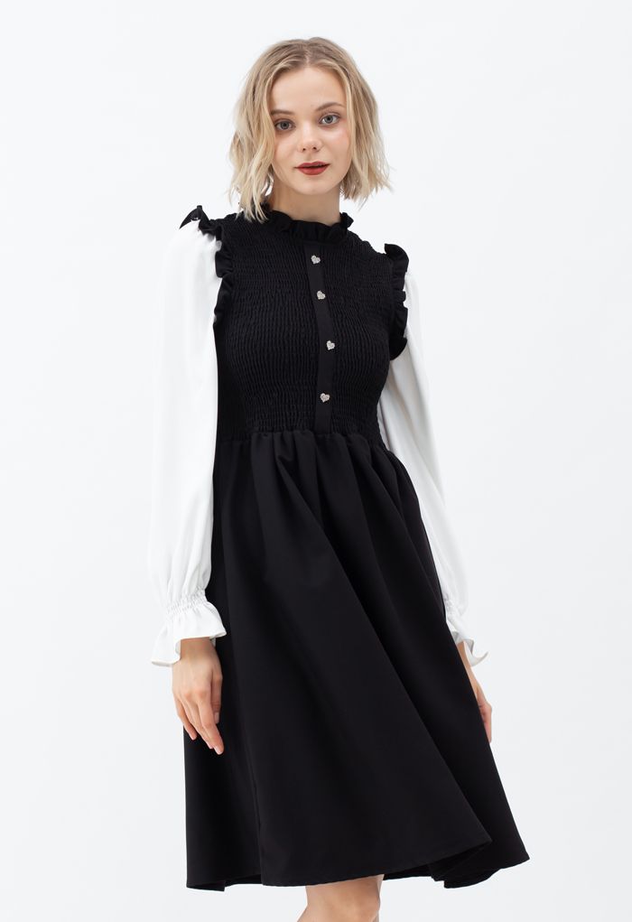 Shirred Spliced Sleeves Ruffle Dress in Black - Retro, Indie and Unique ...