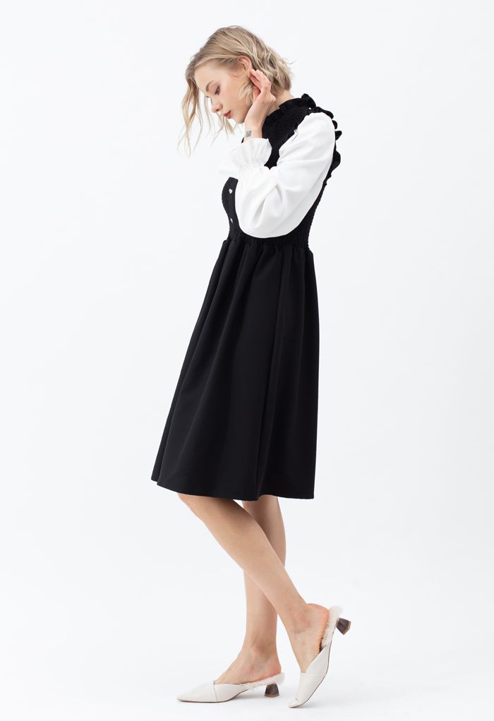 Shirred Spliced Sleeves Ruffle Dress in Black