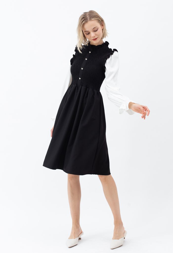 Shirred Spliced Sleeves Ruffle Dress in Black