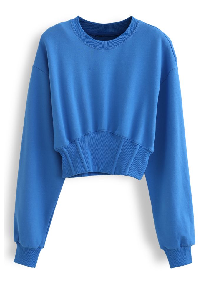 Cropped Padded Shoulder Sweatshirt in Blue