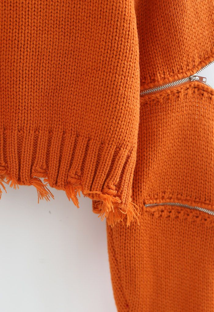 Zipper Sleeves Turtleneck Crop Knit Sweater in Orange