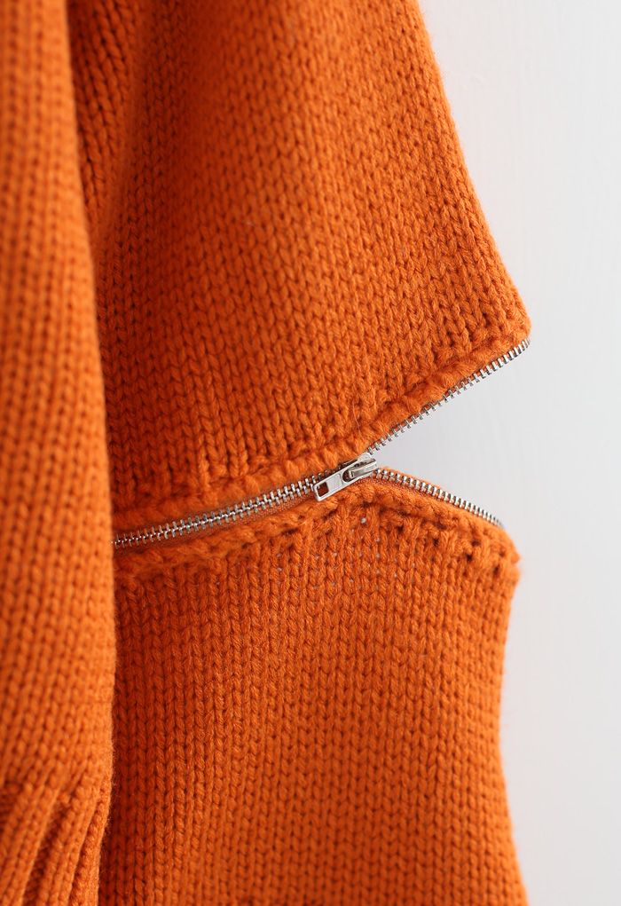 Zipper Sleeves Turtleneck Crop Knit Sweater in Orange