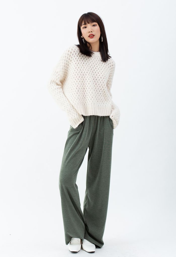 Olive Slouchy Pockets Wide-Leg Pants - Retro, Indie and Unique Fashion