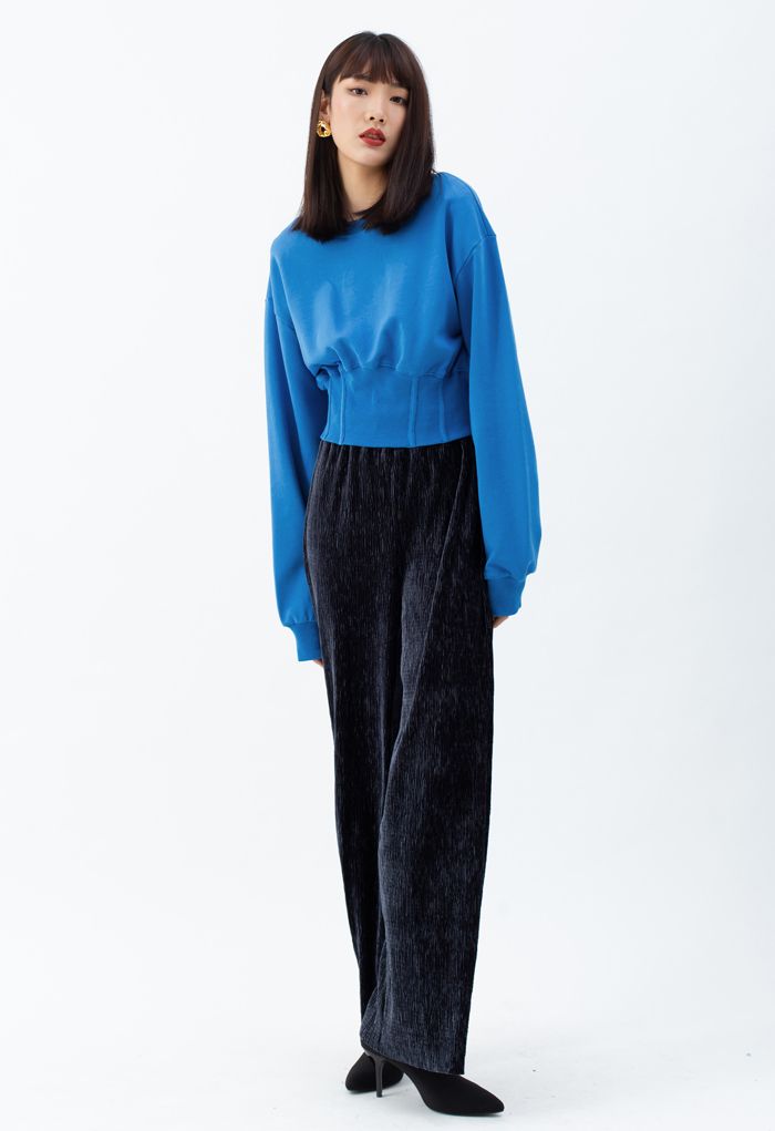 Cropped Padded Shoulder Sweatshirt in Blue