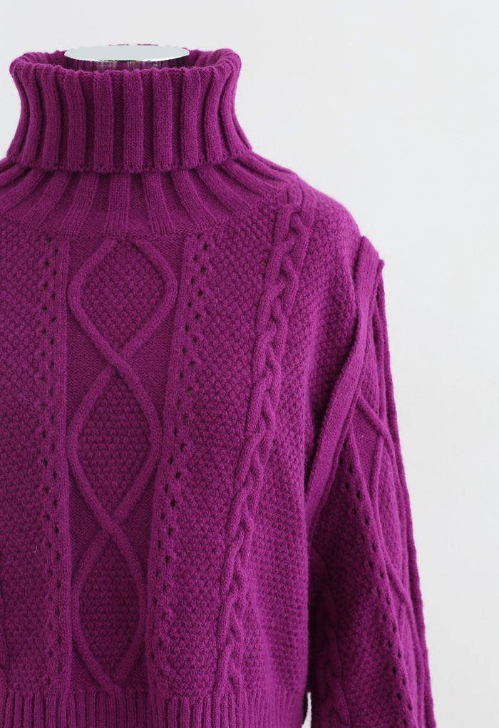 Panel Turtleneck Crop Cable Knit Sweater in Magenta