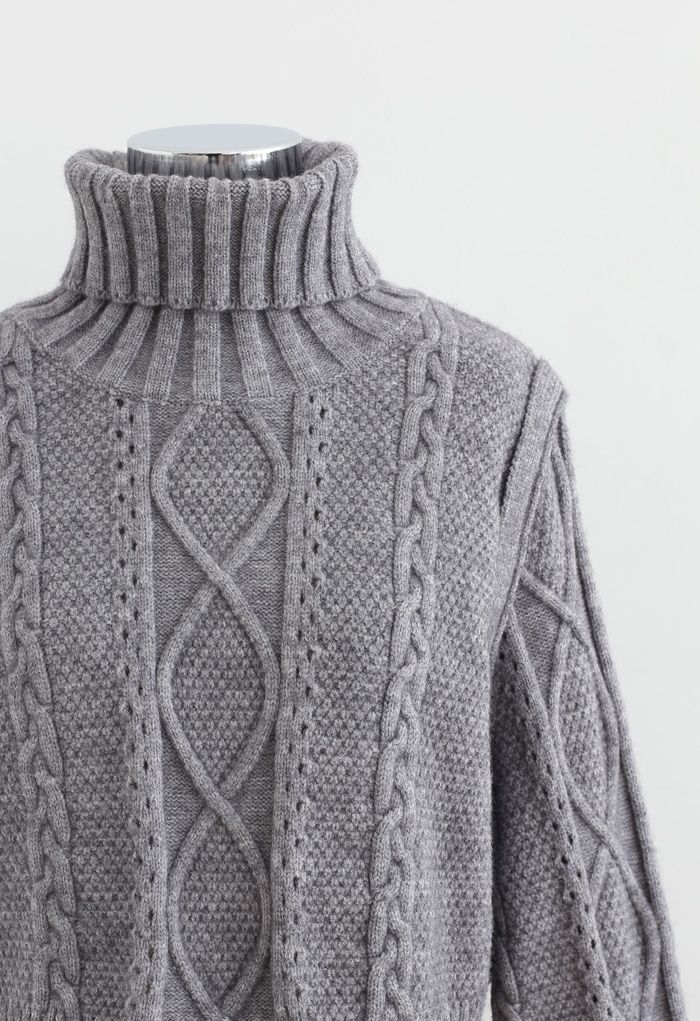 Panel Turtleneck Crop Cable Knit Sweater in Grey - Retro, Indie and ...