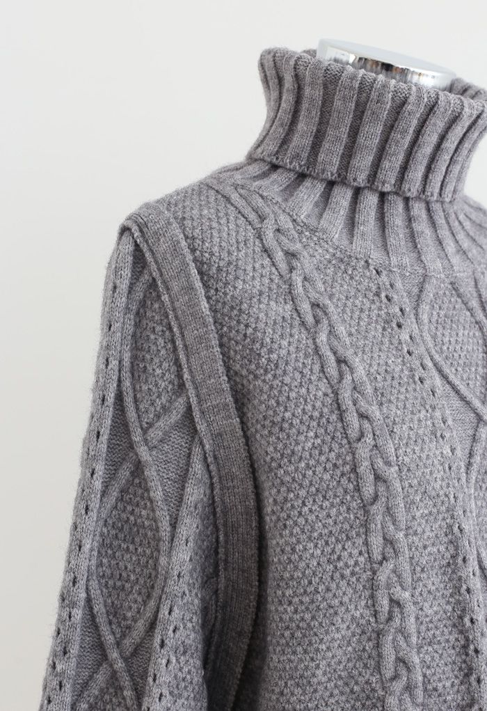 Panel Turtleneck Crop Cable Knit Sweater in Grey - Retro, Indie and ...