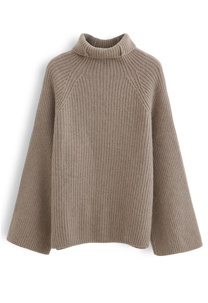 Bell Sleeves Turtleneck Knit Sweater in Brown - Retro, Indie and Unique ...