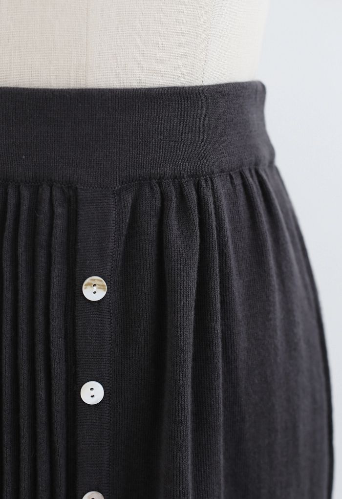 Button Front Pleated Ribbed Knit Skirt in Smoke - Retro, Indie and ...