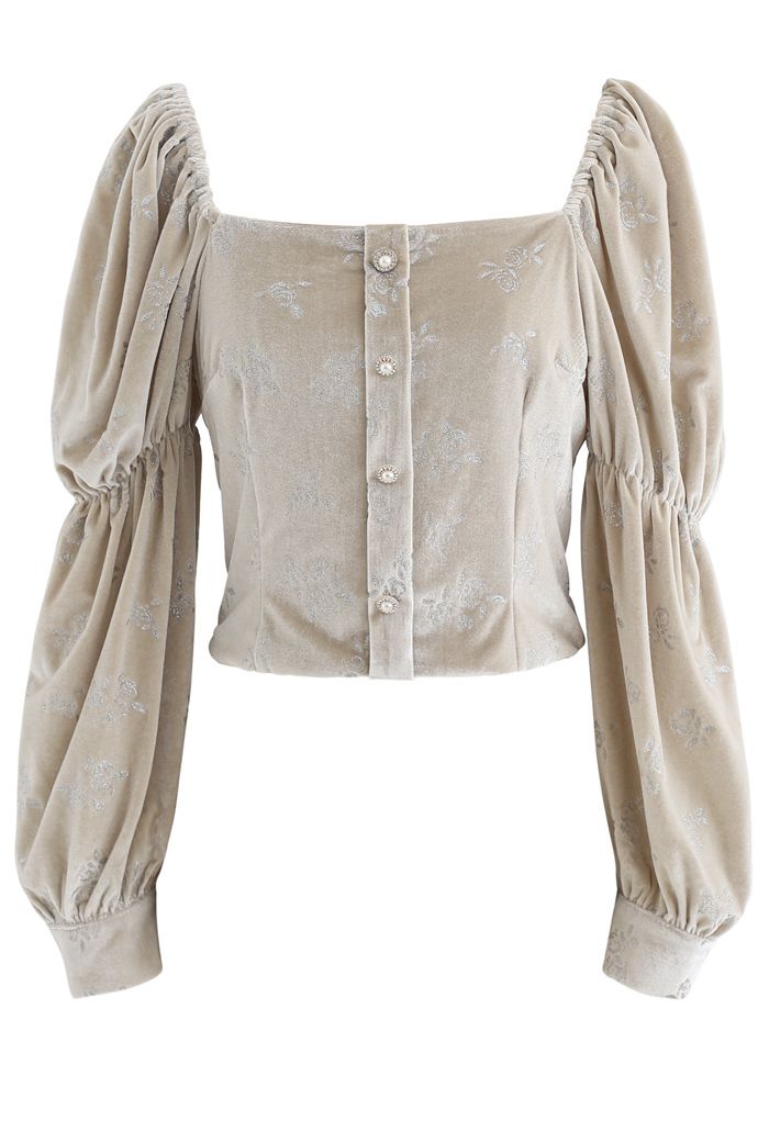 Glittery Rose Buttoned Velvet Top in Light Tan