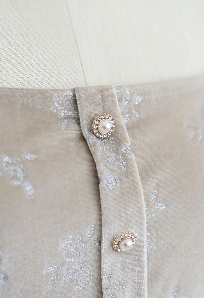 Glittery Rose Buttoned Velvet Top in Light Tan