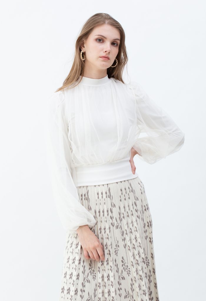 Sheer Mesh Overlay Ribbed Knit Top in White - Retro, Indie and Unique ...