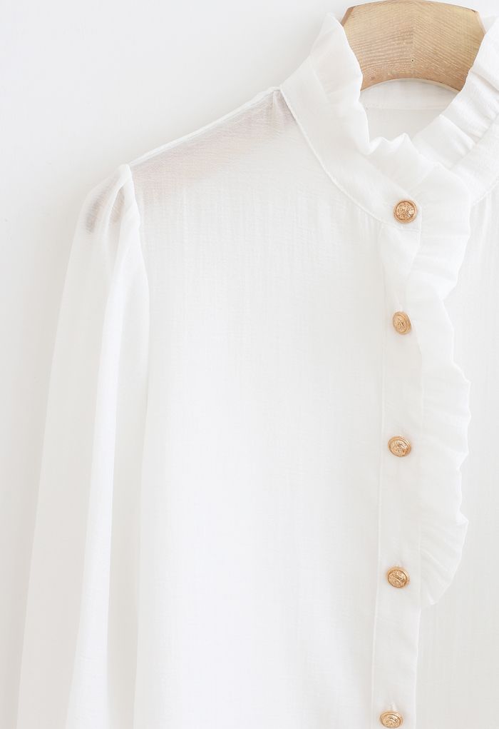 Ruffle Detail Button Down Shirt In White - Retro, Indie And Unique Fashion