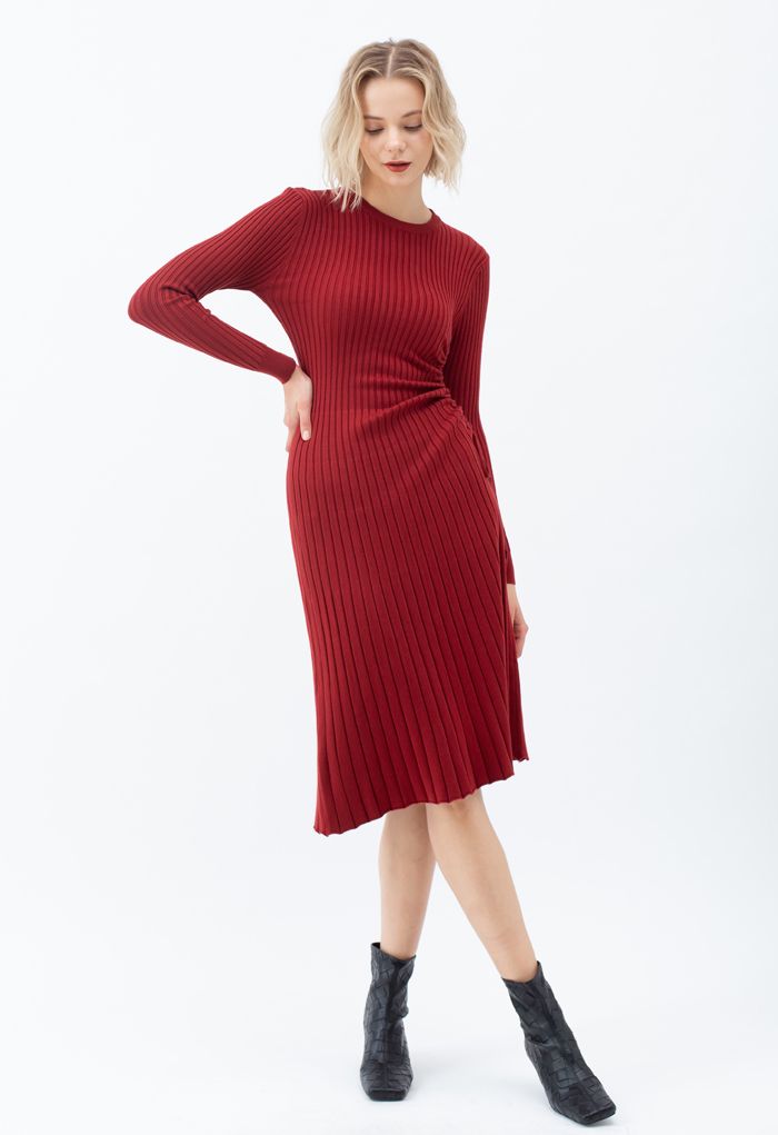 Side Drawstring Ribbed Knit Midi Dress in Red - Retro, Indie and Unique ...
